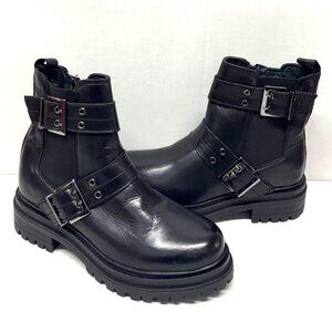 MIZ MOOZ LEATHER BUCKLE ANKLE BOOTS SIDE ZIP BLACK 37EU / 7US # Z-23